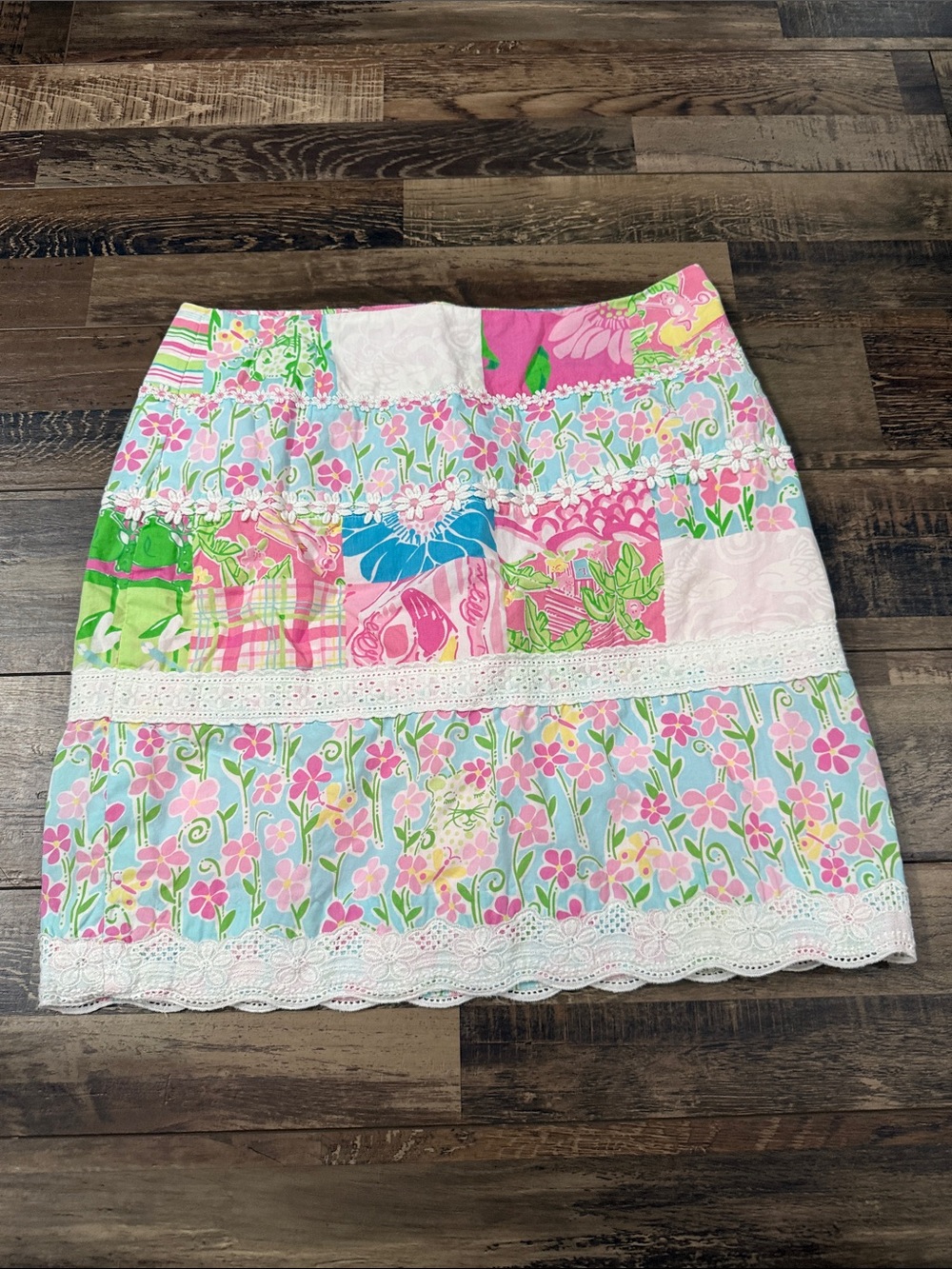 Lilly Pulitzer Pink, Blue & Green Patchwork Lace-Trim Mini Skirt